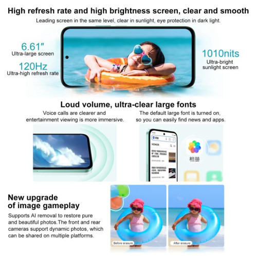 Honor Play 60, 6 Go + 128 Go, lecteur d'empreintes digitales latéral, écran 6,61 pouces, MagicOS 9.0, Dimensity 6300 Octa Core, réseau : 5G, OTG (cyan) SH00QC614-09